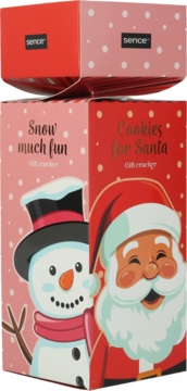 Świąteczne krakersy prezentowe: różowy ze śnieżynką "Snow much fun" i czerwony z Mikołajem "Cookies for Santa", widok z przodu.