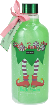 Brokatowy płyn do kąpieli Sence o zapachu cukierków, w zielonej butelce z etykietą elfa, różowa wstążka.