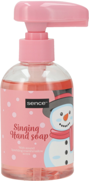 Różowe mydło w płynie Sence z dozownikiem, z rysunkiem bałwana, o zapachu pianek marshmallow. Widok z przodu.