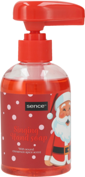 Sence Singing Hand soap w czerwonej butelce z pompką, z Mikołajem i napisem 'cinnamon spice scent', widok z przodu.