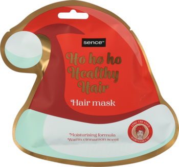 Czerwona maska Sence Ho ho ho Healthy Hair w opakowaniu w kształcie czapki Mikołaja, nawilżająca o zapachu cynamonu.