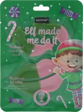 Sence 'Elf made me do it' Christmas hydrogel eye & lip mask set, green pouch with elf, candy canes.