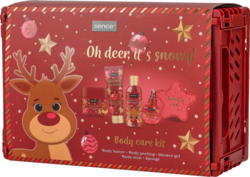 Świąteczny zestaw do pielęgnacji ciała Sence w czerwonym pudełku z reniferem i napisem 'Oh deer, it's snowy!'.