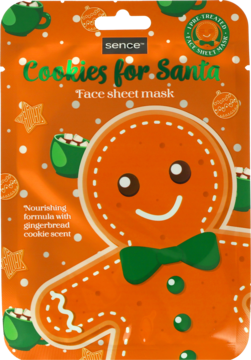 Pomarańczowa maseczka w płachcie Sence Cookies for Santa, z uśmiechniętym piernikiem i świątecznym zapachem.