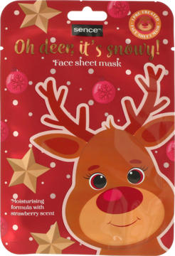 Czerwona maska w płachcie Sence Oh deer, it's snowy z reniferem i złotymi gwiazdami, zapach truskawki.