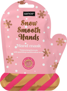Różowa maseczka Sence Snow Smooth Hands, zapach marshmallow, opakowanie-rękawiczka ze złotym mankietem i płatkami śniegu.