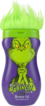 Żel pod prysznic The Grinch w fioletowej butelce z zieloną twarzą i puszystą czupryną, Stolen Berries, widok z przodu.