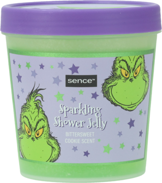 Sence Sparkling Shower Jelly Grinch w zielonym słoiczku z fioletową pokrywką, zapach Bittersweet Cookie, widok z przodu.