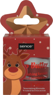 Sence Lip Butter "frosted berries scent" w czerwonym, świątecznym opakowaniu z motywem renifera, widok z przodu.