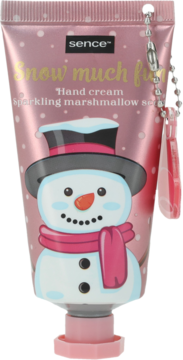 Różowy krem do rąk Sence Snow much fun, zapach sparkling marshmallow, z bałwankiem, widok z przodu.