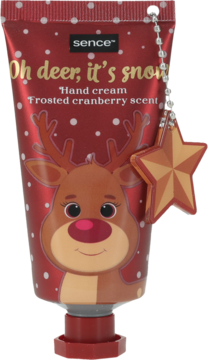 Czerwony krem do rąk Sence "Oh deer, it's snow!" z grafiką renifera i charms'em, zapach mrożonej żurawiny.