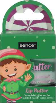 Sence Lip Butter, zielone pudełko z elfem, zapach skręconej laski cukrowej, odżywcza formuła. Widok z przodu.