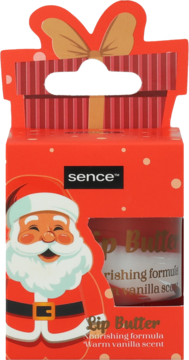 Sence Lip Butter w świątecznym pudełku-prezencie z Mikołajem i napisem "Warm vanilla scent", widok przodem.