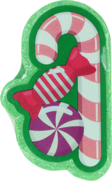 Mydło świąteczne w kształcie cukierków: biało-czerwona laska, fioletowa landrynka, w zielonej folii, widok z przodu.