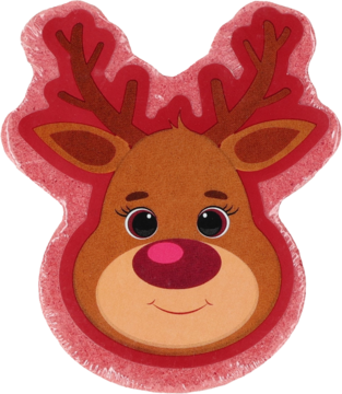 Uśmiechnięta głowa renifera w formie różowej bomby kąpielowej lub mydła, z brązowymi rogami i czerwonym konturem, widok z przodu.