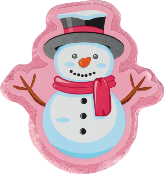 Różowa, puszysta bomba kąpielowa w kształcie bałwanka. Widok z przodu, czarny kapelusz, czerwony szalik i guziki.