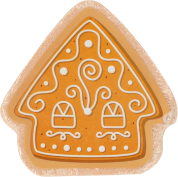 Piernikowy domek z białym lukrem, brązowe świąteczne ciasteczko. Widok z przodu, ozdobne okna i spirale.