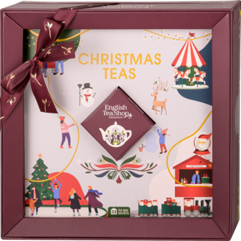 Bordowe kwadratowe pudełko herbat English Tea Shop Christmas Teas z kokardą i świąteczną ilustracją.