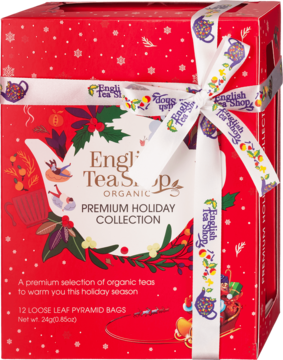 Red English Tea Shop Organic Premium Holiday Collection tea box with festive white ribbon, 12 loose leaf pyramid bags.