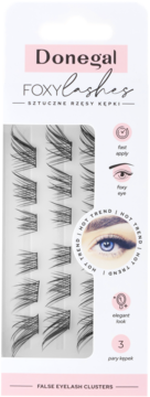 Donegal Foxy Lashes, sztuczne rzęsy kępki w białym opakowaniu. Widoczne 3 rzędy czarnych kępek dla foxy eye.