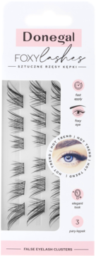 Donegal Foxy Lashes, sztuczne rzęsy kępki w białym opakowaniu. Widoczne 3 rzędy czarnych kępek dla foxy eye.