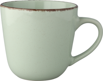 Jasnozielono-szary kubek ceramiczny z brązowym, rustykalnym rantem i delikatnymi cętkami, widok z przodu.