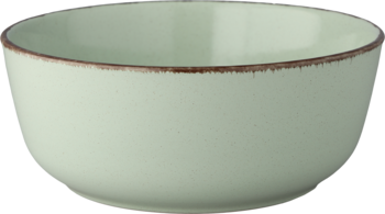 Jasnozielona ceramiczna miska z brązową, postarzaną krawędzią, widok z przodu. Gładkie wykończenie naczynia.