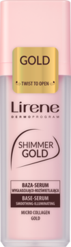 Lirene Shimmer Gold baza-serum smoothing-illuminating w różowej butelce ze złotym akcentem, widok z przodu.