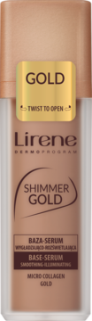 Lirene Shimmer Gold Base-Serum, brązowa butelka z złotą zakrętką, widok z przodu, wygładzająco-rozświetlająca.