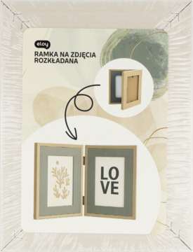 Drewniana składana ramka na zdjęcia Ekoy, beżowa z zielonymi matami, front, z grafiką roślinną i napisem LOVE.