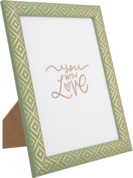 Ozdobna zielona ramka na zdjęcia ze złotym wzorem rombów i napisem "you WITH Love", widok pod kątem.