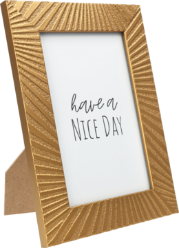 Pionowa złota ramka na zdjęcia z promienistym wzorem, wewnątrz napis 'have a NICE DAY', widok z boku.