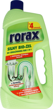 Rorax Silny Bio-Żel do udrażniania rur 3w1, zielona butelka z niebieską nakrętką, widok z przodu.