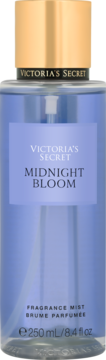 Victoria's Secret Midnight Bloom fragrance mist w niebieskiej butelce z złotą zakrętką, widok z przodu, 250 ml.