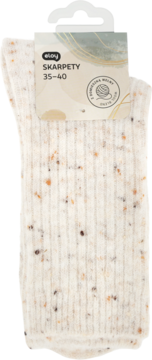 Białe, ekologiczne skarpetki Eloy z wełny, w prążki, z kolorowymi drobinkami, rozmiar 35-40, na wieszaku.