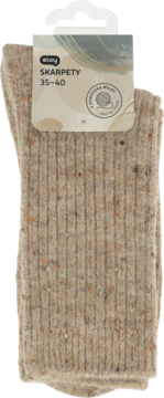 Długie, melanżowe skarpetki z wełny, w prążki, rozmiar 35-40, z białą metką eloy. Widok z przodu.