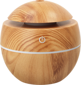 Okrągły dyfuzor zapachowy o jasnym drewnianym wyglądzie, z białym przyciskiem zasilania i cienkim paskiem, widok z przodu.