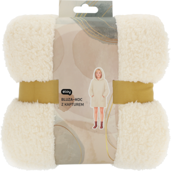Kremowa, puszysta bluza-koc z kapturem w opakowaniu, widok z przodu, z modelem na etykiecie.