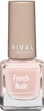 RIVAL DE LOOP French Nude Nail Colour, jasnoróżowy lakier w kwadratowej butelce, beżowa nakrętka, widok z przodu.
