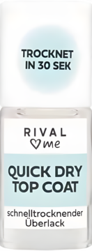 Szybkoschnący top coat Rival Loves Me, przezroczysta butelka, widok z przodu. Wysycha w 30 sekund.