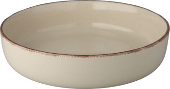 Beżowa płytka miska ceramiczna z brązowym, rustykalnym wykończeniem krawędzi, widok z góry pod lekkim kątem.