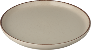 Okrągły, beżowy talerz ceramiczny z brązowym rantem, matowe wykończenie, ukazany z góry pod kątem.