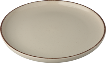 Okrągły beżowy talerz obiadowy z brązową rustykalną obwódką, widok z góry pod lekkim kątem.