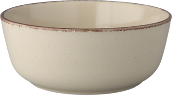 Okrągła miska ceramiczna w kolorze beżowym z brązowym, rustykalnym rantem. Widok z boku, lekko nakrapiana tekstura.