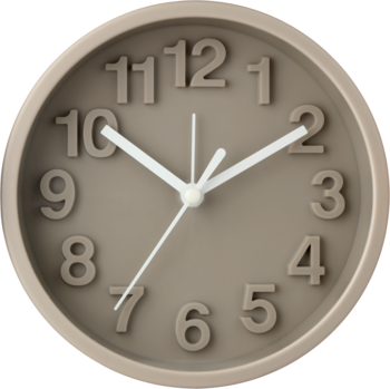 Eloy zegarek z budzikiem, szarobeżowy, okrągły. Wypukłe cyfry, białe wskazówki, widok z przodu.