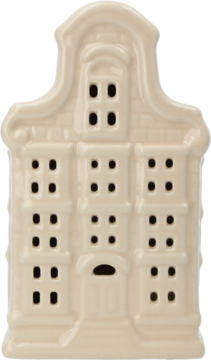 Beżowy porcelanowy domek Eloy z podświetleniem LED, 12cm, front, imitacja holenderskiej kamienicy.