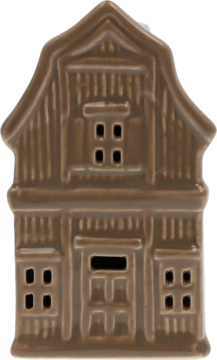 Dekoracyjny szarobeżowy domek Eloy LED 12cm z porcelany, z rzeźbionymi detalami desek i okien, widok z przodu.