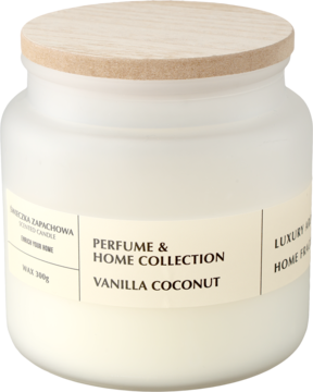 Świeczka zapachowa Vanilla Coconut z kolekcji Home, matowe szkło, drewniana pokrywka, widok przód.