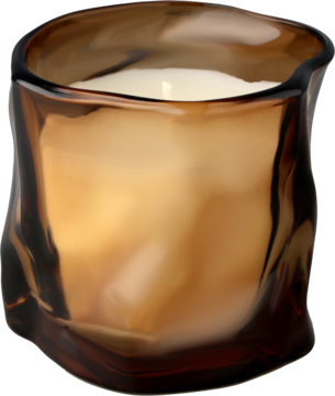 Brązowa świeczka zapachowa w szkle o nieregularnym kształcie, 8,5x8,5x8cm. Widok z przodu.