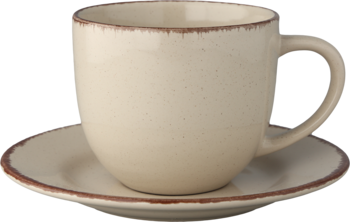 Beżowa filiżanka ceramiczna z talerzykiem, brązowe, postarzane obramowanie, widok z przodu.